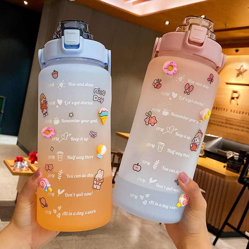 2L Large Capacity Water Bottle Straw Cup High Temperature Plastic Water Cup Time Scale Frosted Outdoor Sports Student Couple Cup