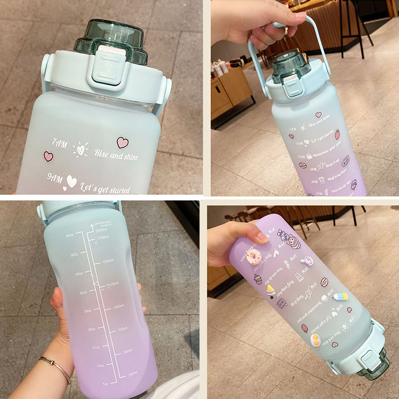 2L Large Capacity Water Bottle Straw Cup High Temperature Plastic Water Cup Time Scale Frosted Outdoor Sports Student Couple Cup