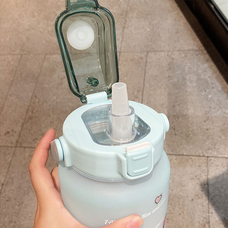 2L Large Capacity Water Bottle Straw Cup High Temperature Plastic Water Cup Time Scale Frosted Outdoor Sports Student Couple Cup