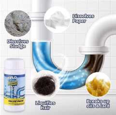 Sink Dredger/ Unblocker Usage: Kitchen, bathroom, toilet etc Deodorizes, unclogs drainage,  cleans, kills insects Made of alkaline solvents & surfactants powder Does not corrode pipes Capacity: 110g