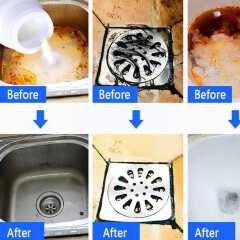 Sink Dredger/ Unblocker Usage: Kitchen, bathroom, toilet etc Deodorizes, unclogs drainage,  cleans, kills insects Made of alkaline solvents & surfactants powder Does not corrode pipes Capacity: 110g