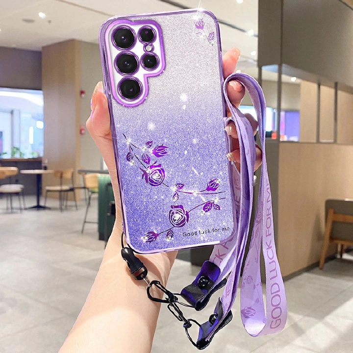 Luxury Elegance Female Style Phone Case for Samsung Galaxy S23 S22 S21 S20 Ultra Plus S21 S20 FE S10 S9 S8 Plus Note 20 Ultra 10 Plus Electroplated Glitter Drill Floral Anti-Fall Protection Cover
