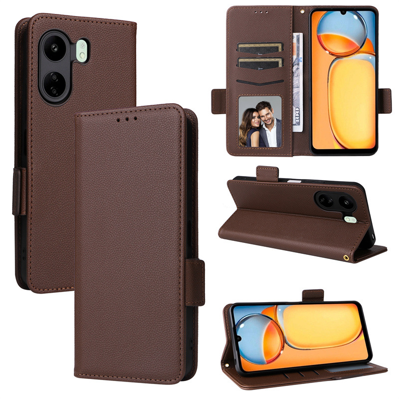Wallet Flip Cover for Xiaomi Redmi 13C / Poco C65 Case Lychee Pattern Leather Magnetic Flip Folio Stand Phone Cover with Card Holder