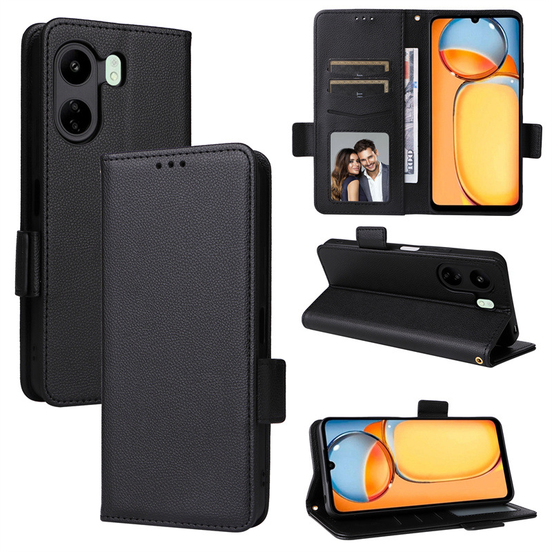 Wallet Flip Cover for Xiaomi Redmi 13C / Poco C65 Case Lychee Pattern Leather Magnetic Flip Folio Stand Phone Cover with Card Holder