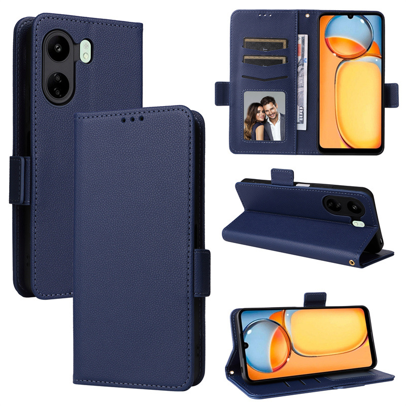 Wallet Flip Cover for Xiaomi Redmi 13C / Poco C65 Case Lychee Pattern Leather Magnetic Flip Folio Stand Phone Cover with Card Holder