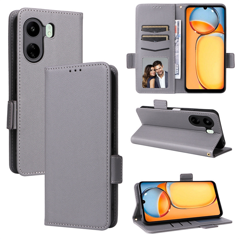 Wallet Flip Cover for Xiaomi Redmi 13C / Poco C65 Case Lychee Pattern Leather Magnetic Flip Folio Stand Phone Cover with Card Holder