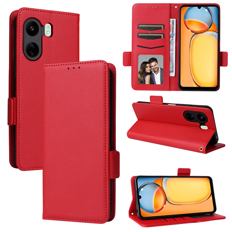 Wallet Flip Cover for Xiaomi Redmi 13C / Poco C65 Case Lychee Pattern Leather Magnetic Flip Folio Stand Phone Cover with Card Holder