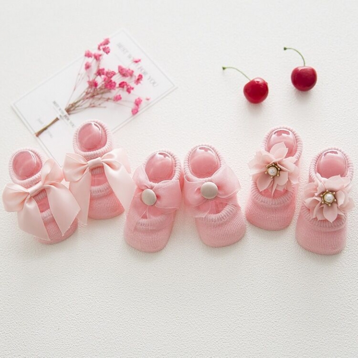 RONI Set of 3 Pairs Newborn Baby Girl Cotton Socks, Soft Knit Anti Slip Floor Socks with Bow & Floral Pearl Decor, Cute Toddler Infant Walking Socks for 0-12 Months