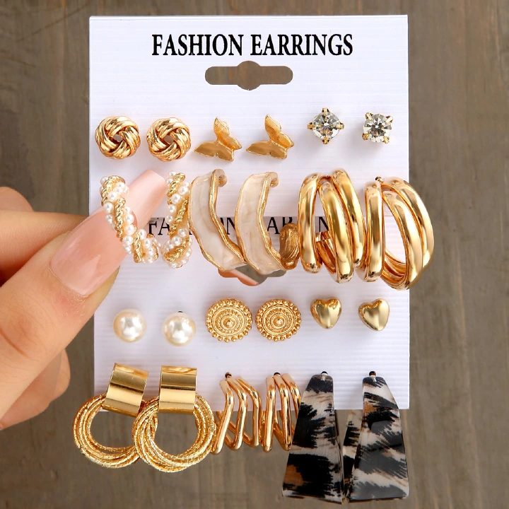 Trendy Personality Leopard Print Multi-layer Geometric Circle Butterfly Heart Earrings Retro Wrapped Pearl Earrings Set With 6 Pieces For Parties, Birthdays weddings, Important Cccasions