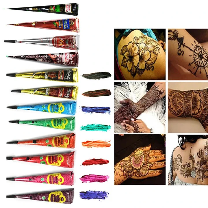 12-Color Henna Tattoo Cream Natural Henna Tattoo Henna for Skin Henna Body Painting Henna Body Art Supplies 100% Pure Henna Tattoo Henna Tattoo Color Floral pattern