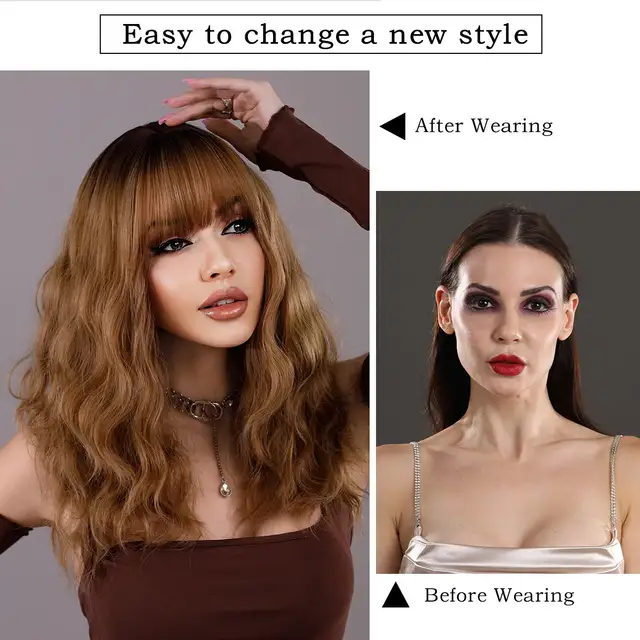 Ombre Blonde Wig Short Cruly Wig with Bangs for Women Wavy Bob Wig Shoulder Length Synthetic Hair for Daily Cosplay Halloween