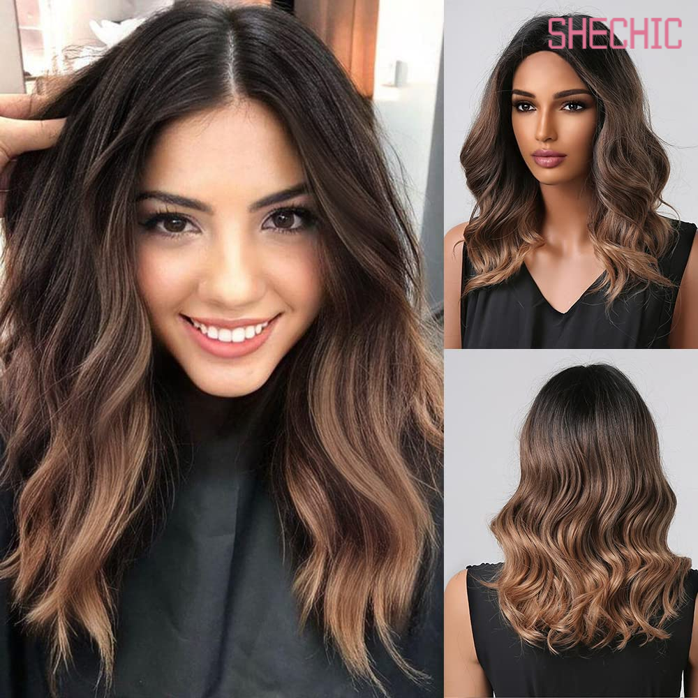 SHECHIC Bob Wigs for Black Women Short Curly Brown Ombre with Dark Roots Middle Part Synthetic Wig,18inch 200g