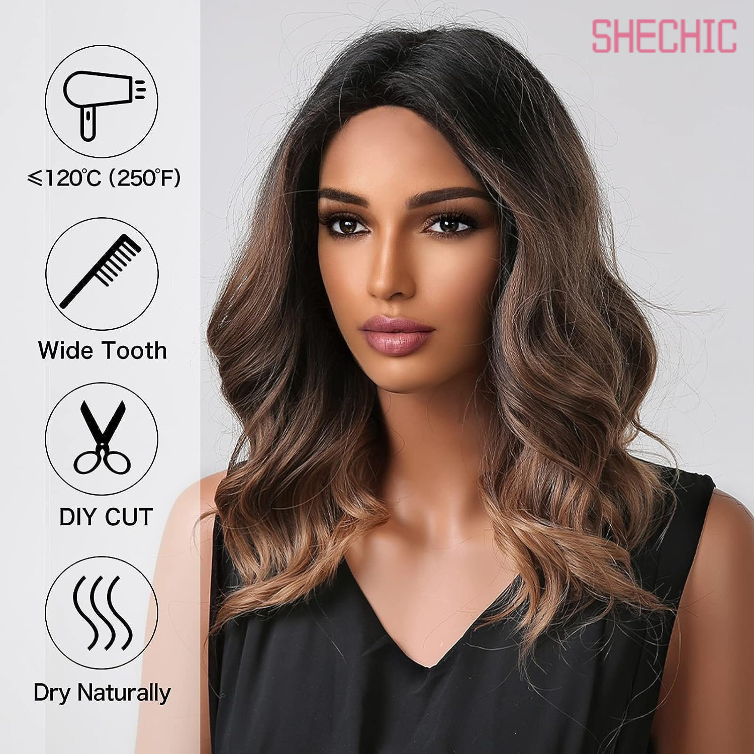 SHECHIC Bob Wigs for Black Women Short Curly Brown Ombre with Dark Roots Middle Part Synthetic Wig,18inch 200g
