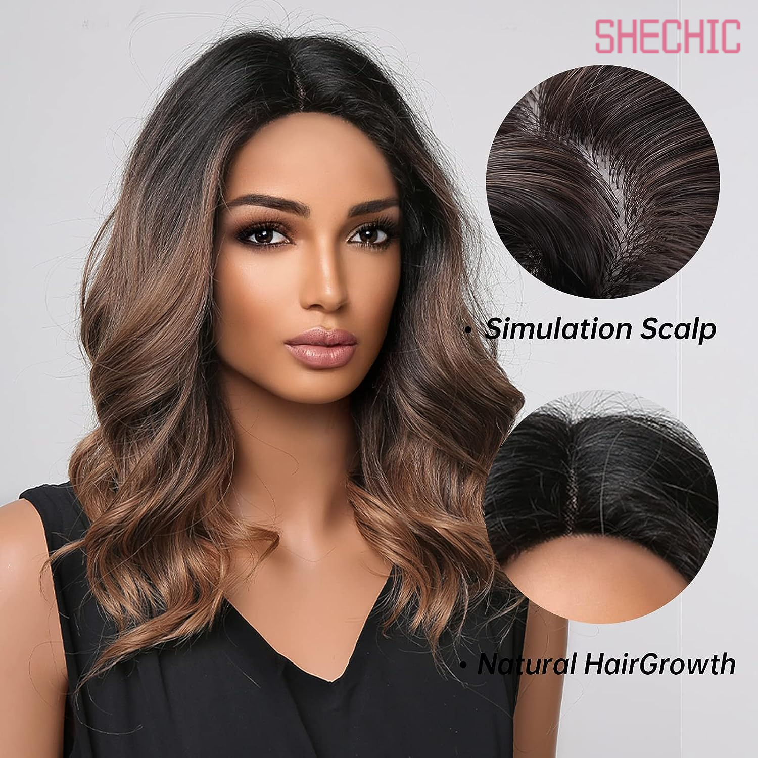 SHECHIC Bob Wigs for Black Women Short Curly Brown Ombre with Dark Roots Middle Part Synthetic Wig,18inch 200g