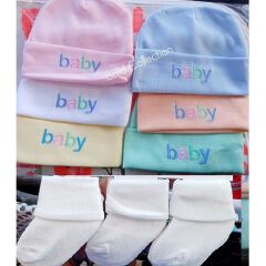 Fashion 3PCs Newborn Cotton Baby Cap+3Pairs Of White Socks