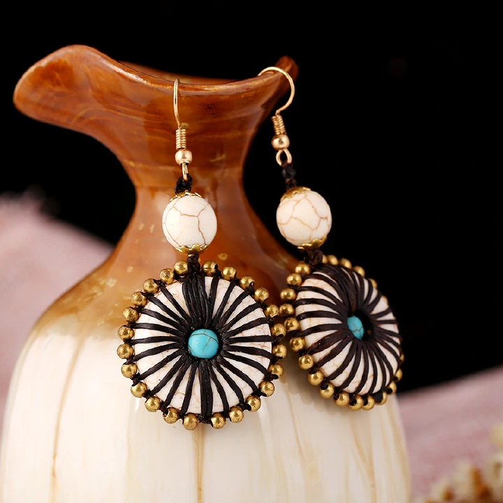 European and American Bohemian Style Personalized Ethnic Style Earrings Round Cake Weaving Earrings Retro Natural Turquoise Handwoven Earrings Pendant Jewelry