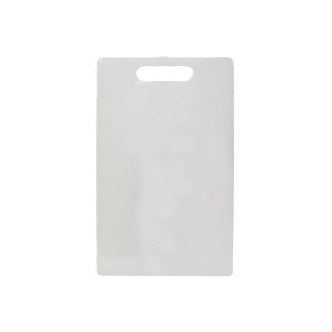 CUTTING BOARD;- 1 Heavy Plastic Chopping Board  This plastic chopping board is non-porous and absorbent. It prevents slipping on a counter top. It does not dull knives and juice-collecting groove